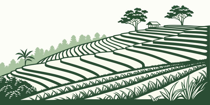 A green illustration of a vineyard with rows of vines and trees on a hill Vector