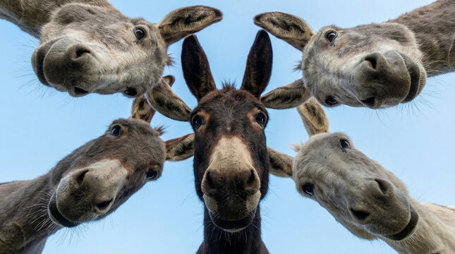 unique low angle perspective showing group of curious donkeys looking down to camera with one distinct black donkey, under blue sky.  playful, friendly farm-animal portrait full of character, charm