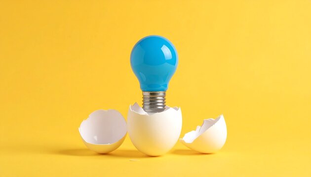 A blue light bulb emerges from a broken eggshell on yellow
