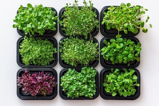 Nine black trays of mixed microgreens and sprouts arranged in a neat 3x3 grid on a white surface, vibrant fresh growth and tidy organized presentation