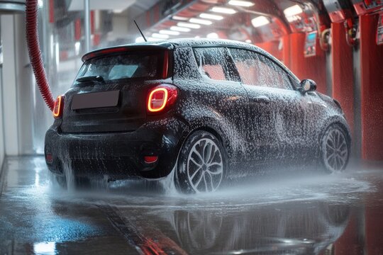 compact hatchback coated in soap foam and water spray inside an illuminated automated car wash bay with glowing taillights and wet reflective floor, a satisfying cleansing moment