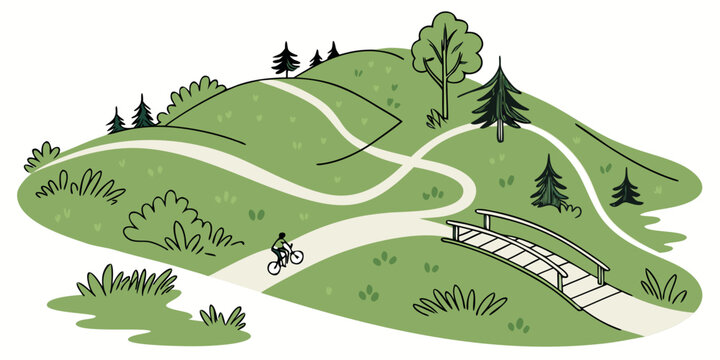 A green hill with a winding path and trees Vector