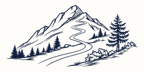 A mountain landscape with a winding road and trees Vector © ADOBE