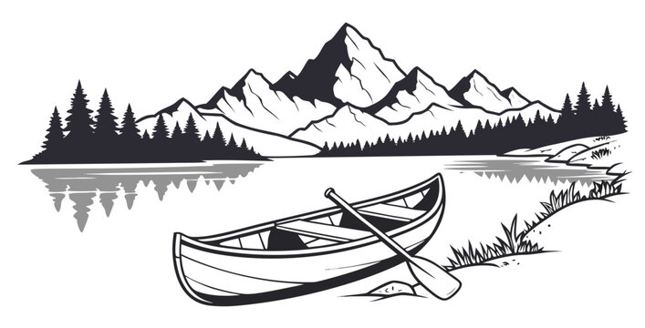 A small boat floats on a serene lake with mountains in the background Vector