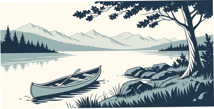 A serene lake scene with a small boat and a tree on the shore Vector