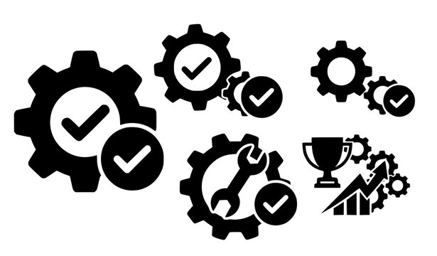 Vertical gear tick icon set solid glyph vector for success and tech