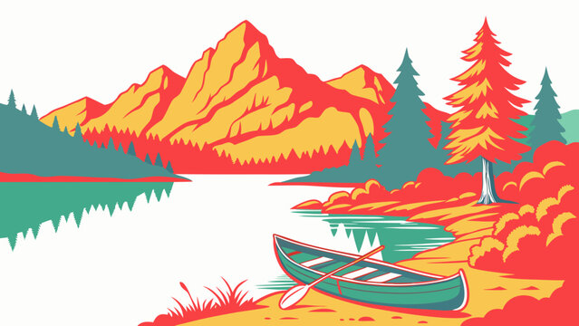 A green canoe on the shore of a lake with mountains in the background Vector