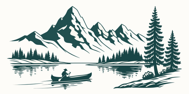 A person in a canoe on a serene lake with mountains Vector