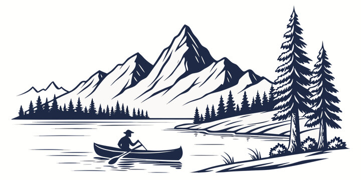 Man in a canoe on a serene lake with mountains Vector
