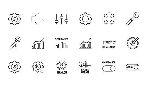 Gear and control panel thin line icon set for settings and system vector
