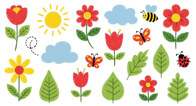 Cute spring children style flower icons vector collection featuring sun clouds butterflies and simple colorful flowers arranged in playful cartoon style illustrations ideal for nursery prints kids edu