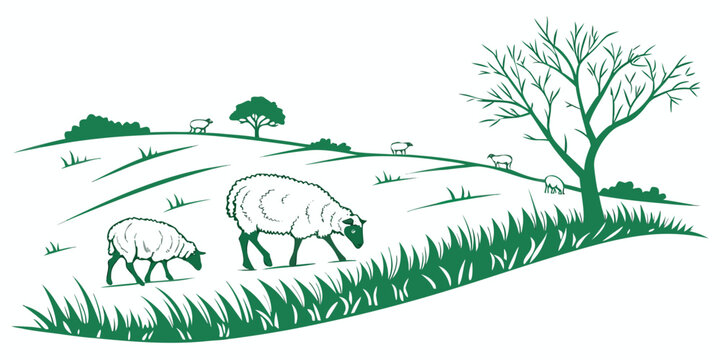 Two sheep grazing in a green landscape Vector