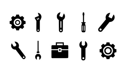 Fototapeta premium Solid glyph repair tools and settings icons minimalist vector collection