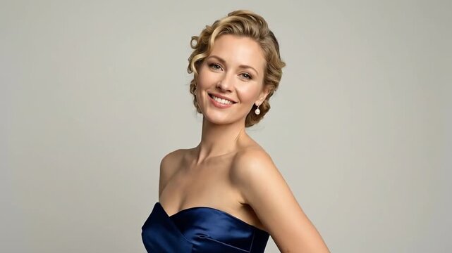 Smiling blonde woman in elegant blue strapless dress. Beautiful and confident studio portrait.