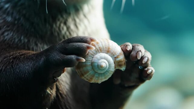 Close-up of an otter holding a seashell underwater, showcasing wildlife and nature.