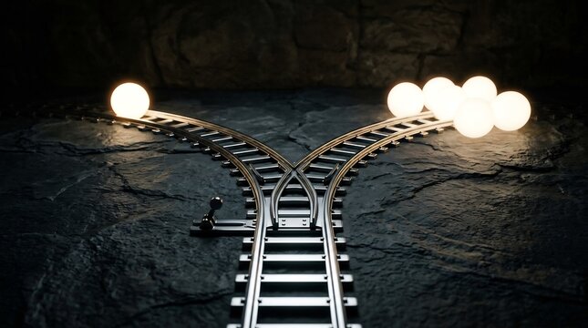 Railroad tracks split into two diverging paths illuminated by glowing orbs in a dark, rocky tunnel, symbolizing a critical decision point.