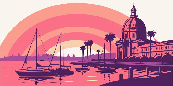 A pink and purple illustration of a building by a body of water Vector