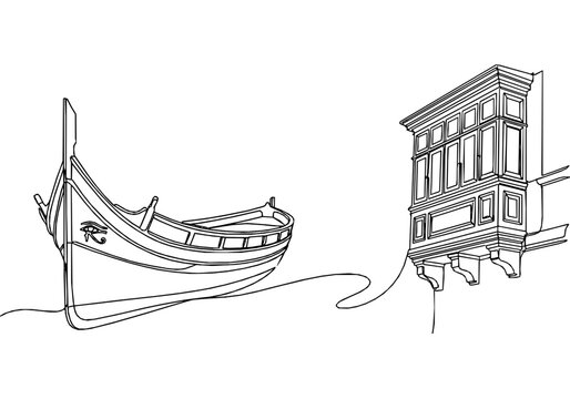 Traditional Luzzu Boat and Maltese Balcony Monoline Background