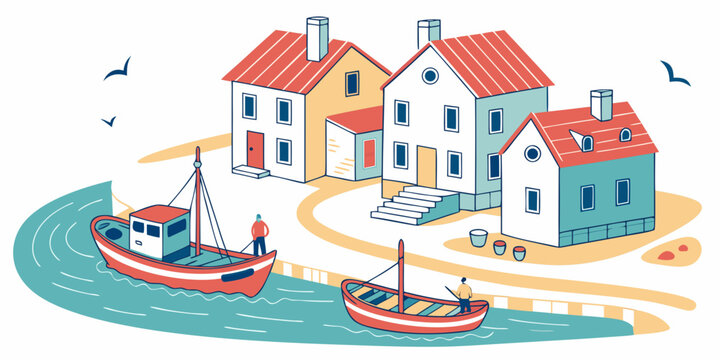 A colorful illustration of a small coastal village with boats Vector