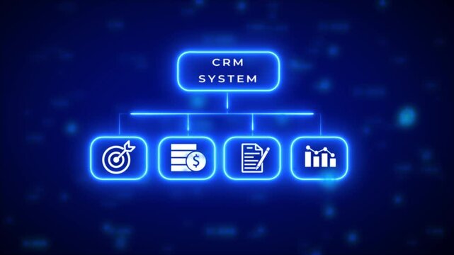 A vibrant blue neon flowchart diagram depicting aCRM system, featuring for objectives, financial transactions, record-keeping, and performance metrics on a dark digital backdrop with scattered