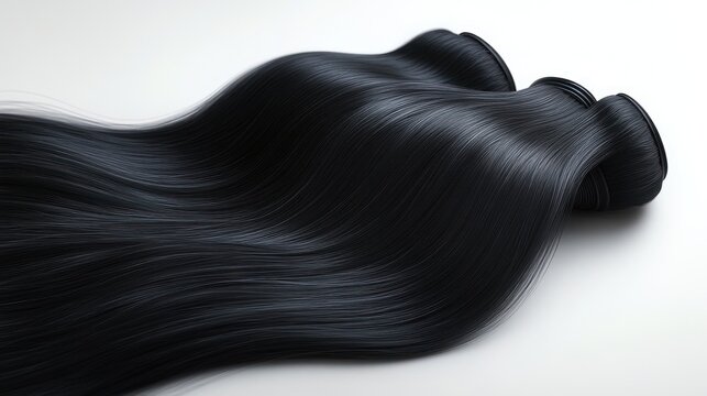 Two bundles of long glossy black hair extensions on a white surface, silky smooth flowing strands evoking elegant, luxurious and sleek beauty