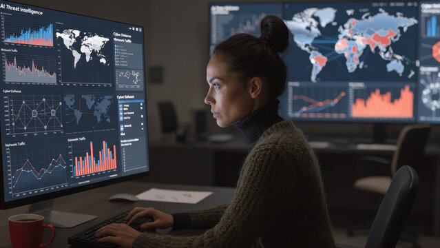Cybersecurity analyst monitoring global threat intelligence dashboard with charts and maps