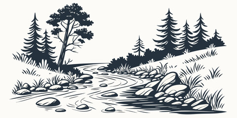 A serene forest landscape with a rocky stream Vector © ADOBE
