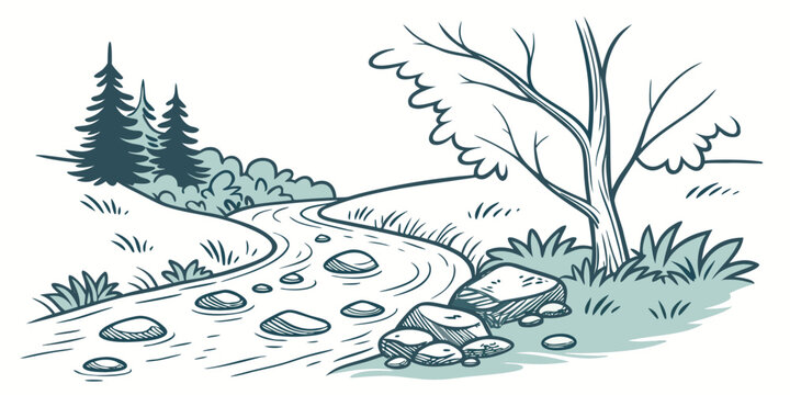 A drawing of a snowy path with trees and rocks Vector