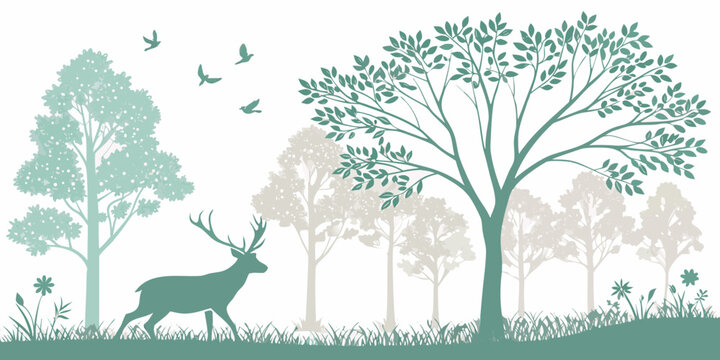 A deer and trees in a forest with birds flying overhead Vector