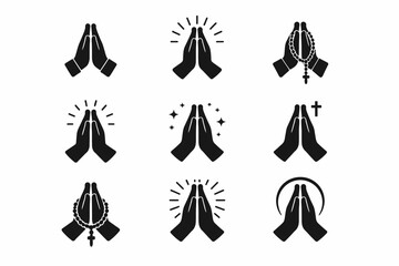 Fototapeta premium Collection of praying hands icons with rosary and cross variations