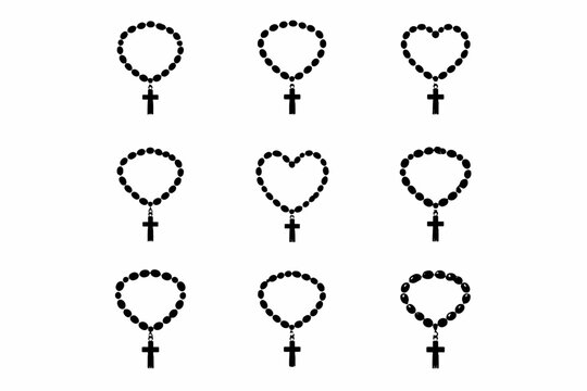 Set of various rosary icons with cross pendants in heart and circular shapes