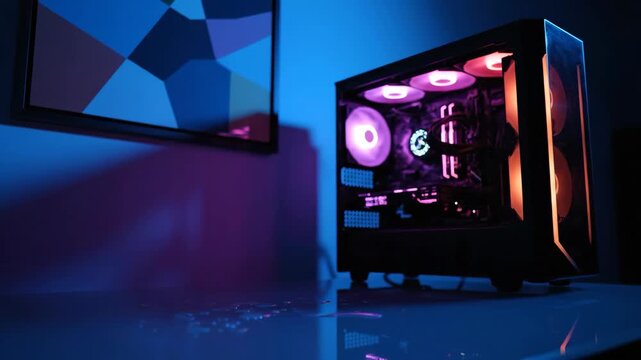 Gaming PC with RGB lighting near wall art, showcasing computer technology. Cool blue background.