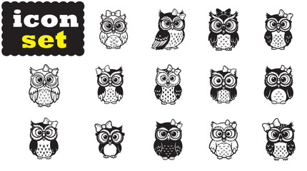 Fototapeta premium Cute Owl With Glasses Icon Set, Funny Owl Cartoon Vector, Black Silhouette Owl Design