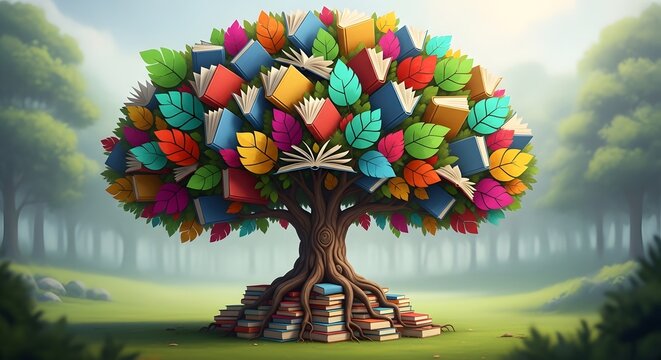 A colorful tree with books stacked on the roots