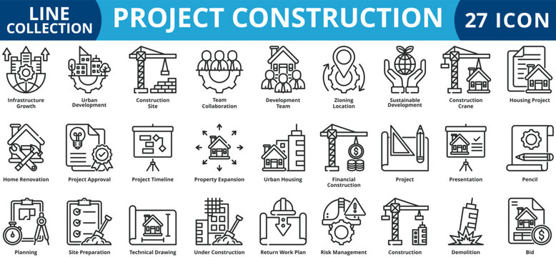 Project construction icon set outline style icon set collection vector illustration