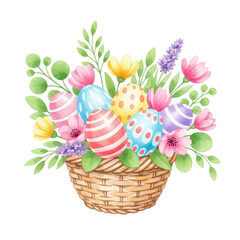 Easter Basket Blooming: A vibrantly illustrated Easter basket overflows with pastel-colored eggs and a bouquet of spring blossoms, evoking feelings of joy and the renewal of spring.