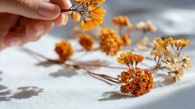 Golden Blooms of Touch: A gentle hand delicately presents a collection of exquisite, dried orange blossoms against a sunlit, textured backdrop.