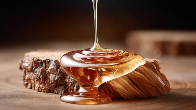 Honey Dripping on Wood: A golden stream of honey cascades gracefully onto a rough-hewn wooden surface, evoking the purity of nature, the richness of flavor, and the essence of wholesome sweetness.