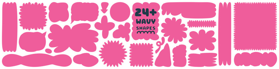 Curvy wavy hand drawn pink shapes set, irregular asymmetric wiggly banners. Starburst, flower, cloud text box collection, geometric banner templates Flat vector illustration isolated on transparent bg