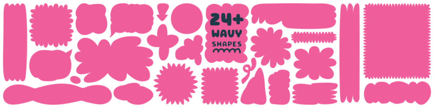 Curvy wavy hand drawn pink shapes set, irregular asymmetric wiggly banners. Starburst, flower, cloud text box collection, geometric banner templates Flat vector illustration isolated on transparent bg