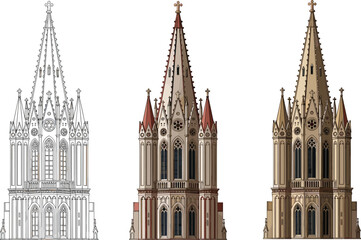 Fototapeta premium Gothic cathedral church tower spire architectural illustration set showing three stages including black and white line art sketch, flat color design, and detailed digital painting rendering.