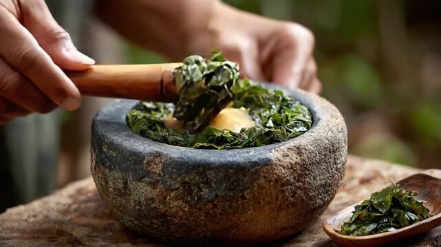 Herbal Cuisine: A person's hand meticulously prepares a vibrant dish with an artisan wooden pestle and mortar, capturing the essence of culinary art. 