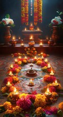 Fototapeta premium ornate altar with glowing oil lamps, marigold garlands, brass vases of vibrant flowers, patterned floor rangoli and a warm reverent atmosphere