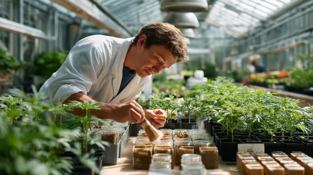 Botanist Cultivating in Greenhouse: A dedicated botanist meticulously tending to vibrant young plants within a sunlit greenhouse, embodying the essence of cultivation and scientific exploration.
