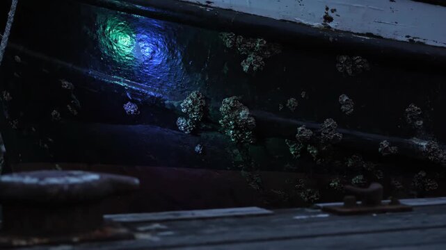 Old weathered boat hull with barnacles and colorful lights at night, nautical theme