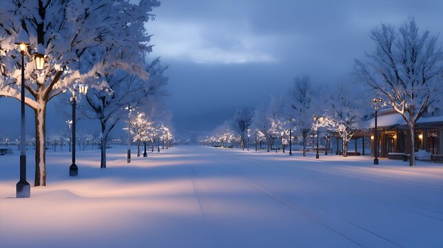 Snowy avenue under moody twilight with illuminated streetlamps and leafless trees lining the path