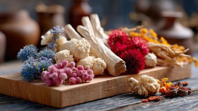 Botanical Still Life: A captivating composition of colorful dried flowers and organic elements artfully arranged on a wooden board, celebrating the delicate beauty of nature and herbal tradition.