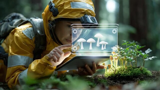 Researcher in the Forest: A scientist explores the intricate world of nature, analyzing vibrant fungi in a verdant forest, bridging the gap between scientific curiosity and natural discovery.