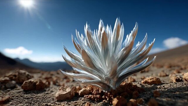 Resilient Silversword's Majesty: Witness the tenacity of a silversword plant thriving in a harsh environment, showcasing its resilience and unique beauty under the sun's warm embrace.