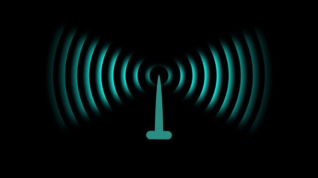 Digital radio station signal tower icon animation. Smooth motion graphics showing futuristic tech signals and network transmission. Big screen Rader with earth map with full screen radio wavs. 4k 